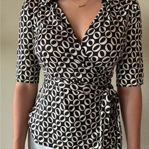 Diane Von Furstenberg Black and Cream Circle Wrap Blouse